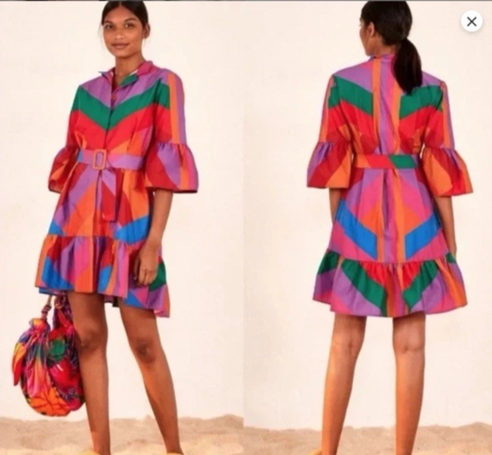 Farm Rio Amanda Mini Shirt Dress Medium – Ruffled Belted Colorblock